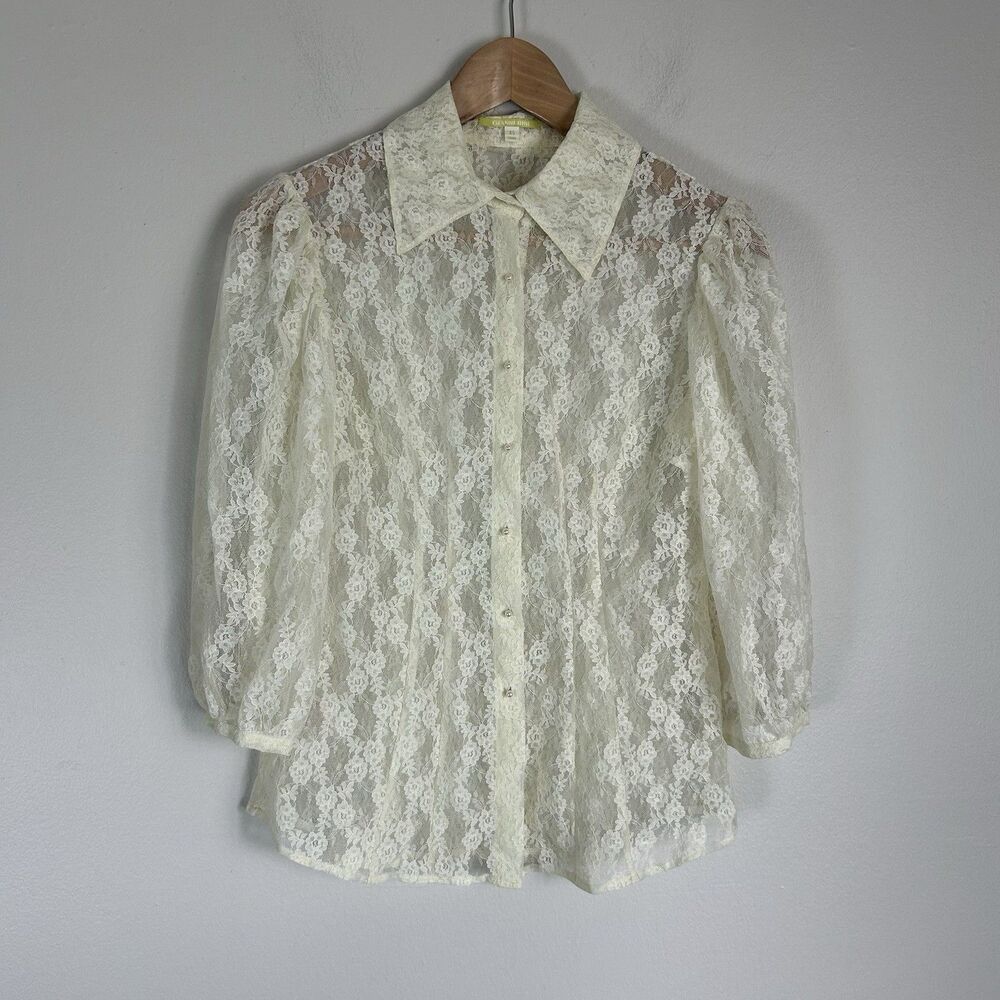 Vintage XS Edwardian Blouse Top Lace Sheer Shirt Pearl Button Heirloom Ivory
